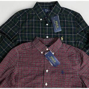 Two (2) Polo‎ Ralph Lauren Plaid Check Poplin Shirt Boys M 10/12 Green Red PONY
